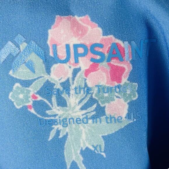 Upsaint XL Hawaiian Aloha Shirt Blue Pink Floral Poly Blend Save the Turtles - Picture 3 of 4